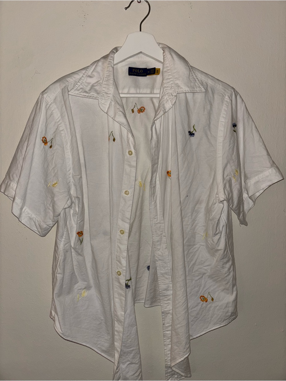 Ralph Lauren White Button-Down Shirt with Multicolor Floral Embroidery